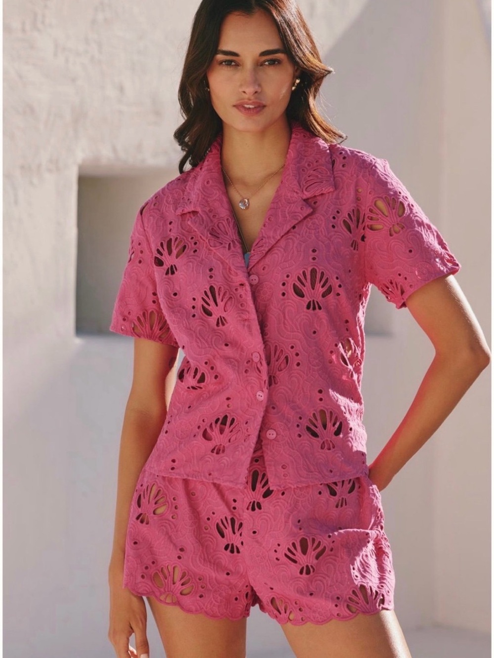 FARM Rio Pink Eyelet Short Sleeve Swim Coverup Set